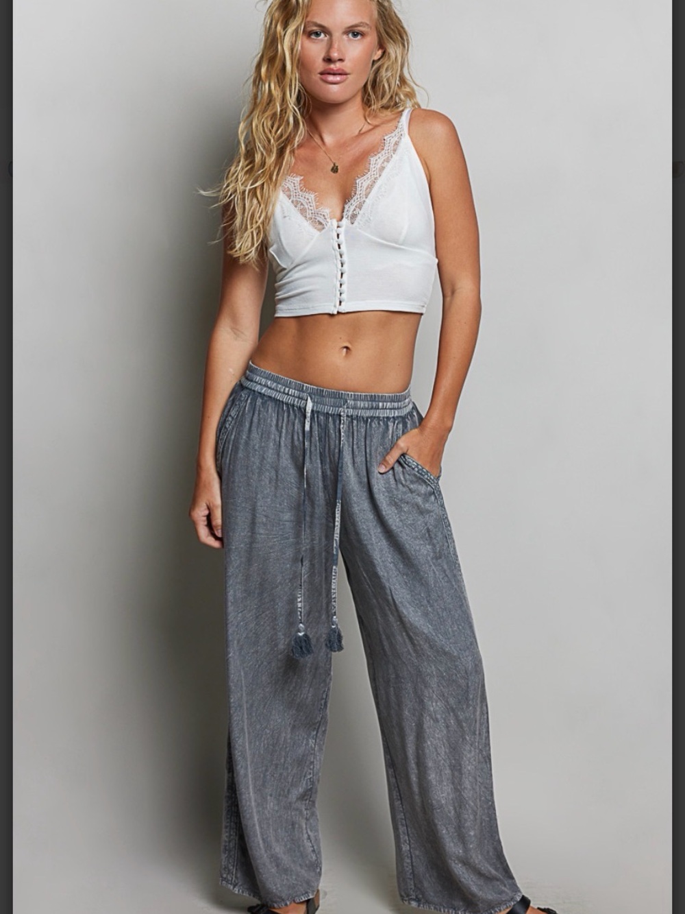 NWT POL Charcoal Embroidered Wide Leg Pants Tassel Drawstring Boho S M L